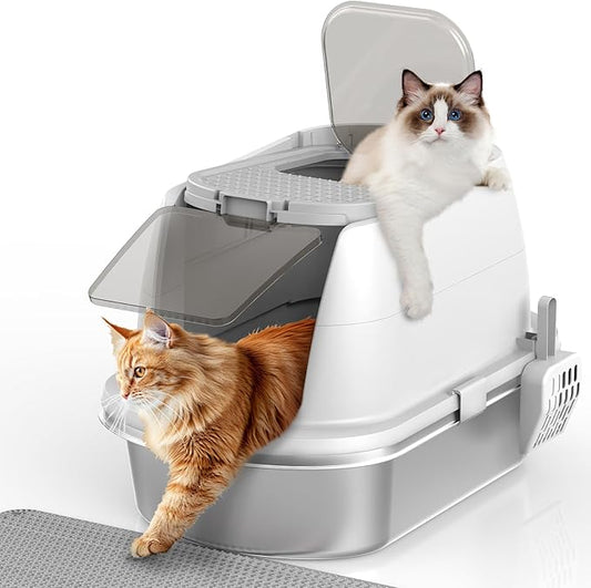Stainless Steel Litter Box with Lid,Large Enclosed Cat Litter Box, Covered Metal Litter Tray for Easy Cleaning & Odor Control, Includes Scoop and Litter Mat, Hooded Cat Litter Pan for Kitten (White)