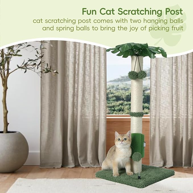 MECOOL Cat Scartching Post,30-inch Cute Scartching Posts for Indoor Cats and Kittens,Natural Sisal Rope and Hanging Ball Toy, Self-Grooming Brush,Green