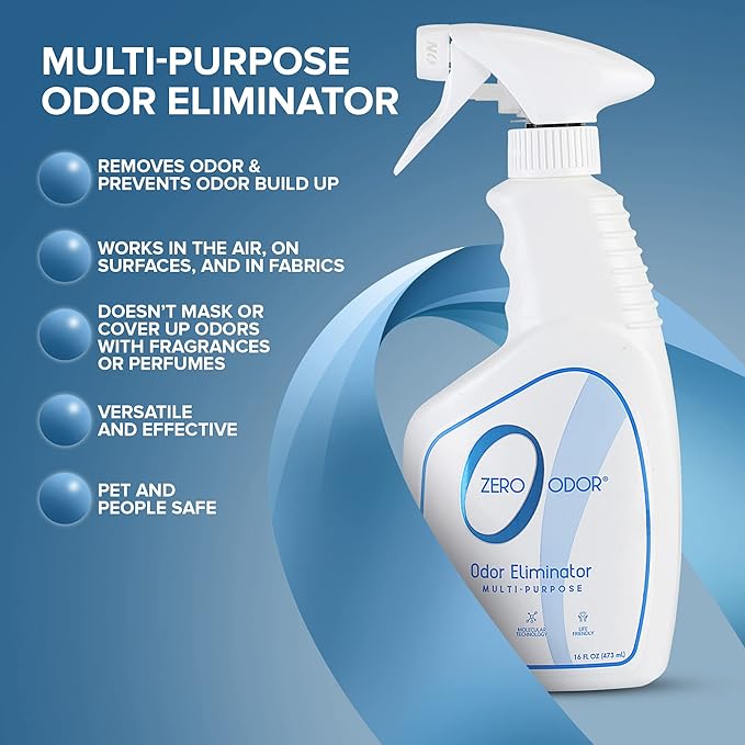 Zero Odor – Multi-Purpose Odor Eliminator - Air & Surface Odor – Patented Technology for Bathroom, Kitchen, Fabric, Closet- Smell Great Again, 16oz