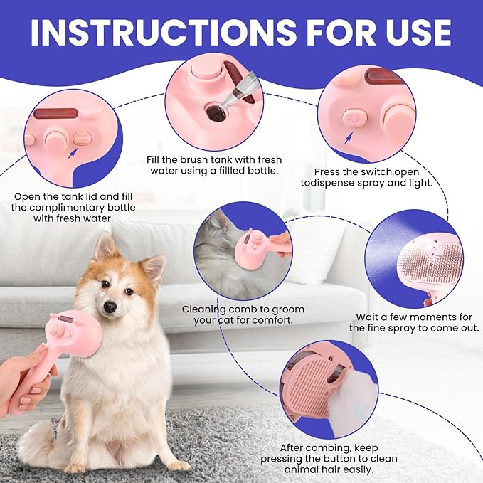 Cat Steam Brush, Pet Steamy Brushes for Indoor Cats & Dogs Shedding with Release Button, Self-Cleaning, Anti-Static Pets Hair Removal Comb for Furry Pet Grooming & Massage (PINK)