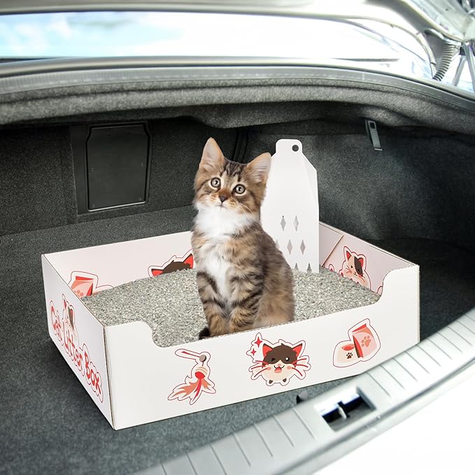 Lawei 8 Pack Disposable Litter Boxes for Cats, Foldable Paper Kitty Litter Tray with Scoop, Double Layer Waterproof Cat Litter Box for Travel, Small Pets Liner Pan, 14.8 x 11.6 x 4.7inch, Lightweight