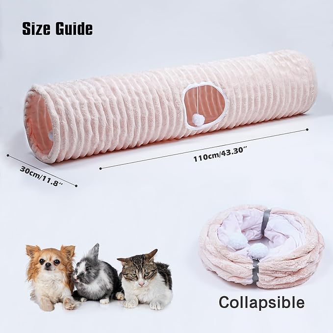 Luxurious Cat Tunnel,43" Straight Cat Tunnel Bed with Balls,Cat Toys for Indoor Cats,Collapsible Peekaboo Cat Cave for Kitten Toys(Pink Stripe)