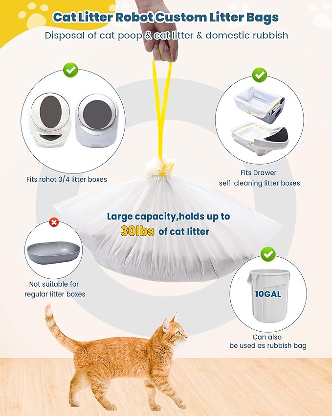 KONE 105 Count Cat Litter Bag Liners fits Robot 3 4 and most Self Cleaning Litter Drawer Waste Bin, 2 mil Thickened Drawstring Kitty Poop Bags, Automatic Pet Disposable Replacement Trash Bag, 26 x 16