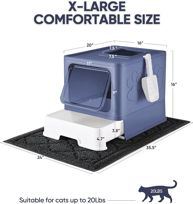 Cat Litter Box with X-Large Litter Mat and Scoop, Large Foldable Litter Box with Lid, Front Top Entry Exit Kitty Litter Box, Odor Control Easy Clean (Upgrade Midnight)
