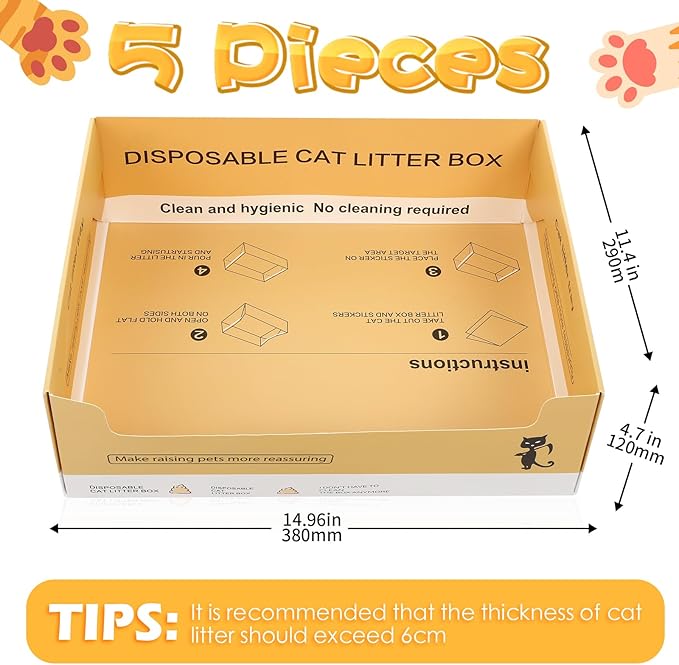 Maxcheck 5 Pcs Disposable Cat Litter Box 14.96 x 11.4 x 4.7 Inch Double Layer Foldable Paper Kitty Tray Travel Litter Box Portable Litter Box Cat Litter Tray for Cats Small Pets Animals Travel Needs