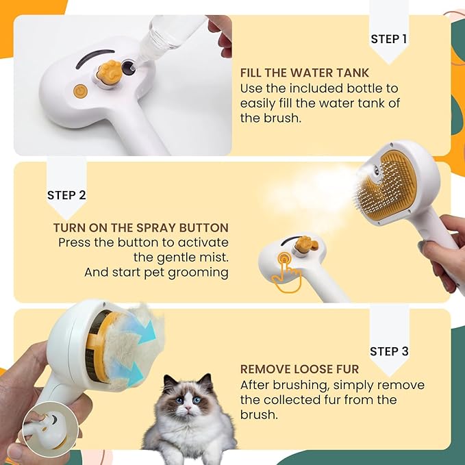 Self-Cleaning Pet Steam Brush & Detangling Comb for Cats and Dogs - Pet Grooming Brush with Spray, Removes Tangles & Knots, Water/Mist Slicker Brush for Shedding Long Haired Pets