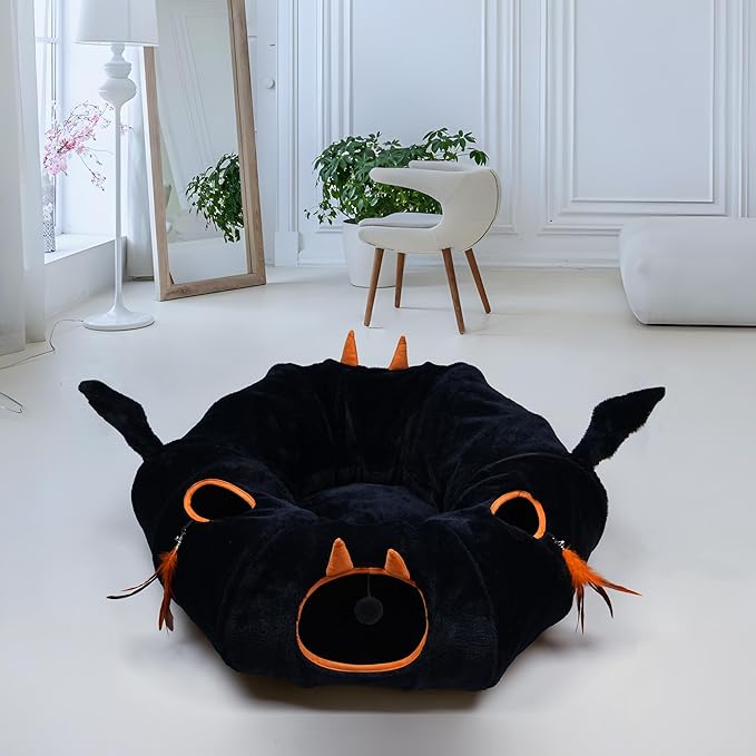 Cat Tunnel Bed,Cat Tunnel Bed with Soft Central Cat Couch,Cat Toys for Indoor Cats,Collapsible Peekaboo Cat Cave,Cat Donut Tunnel and Kitty Toy Set(Gothic,Donut)