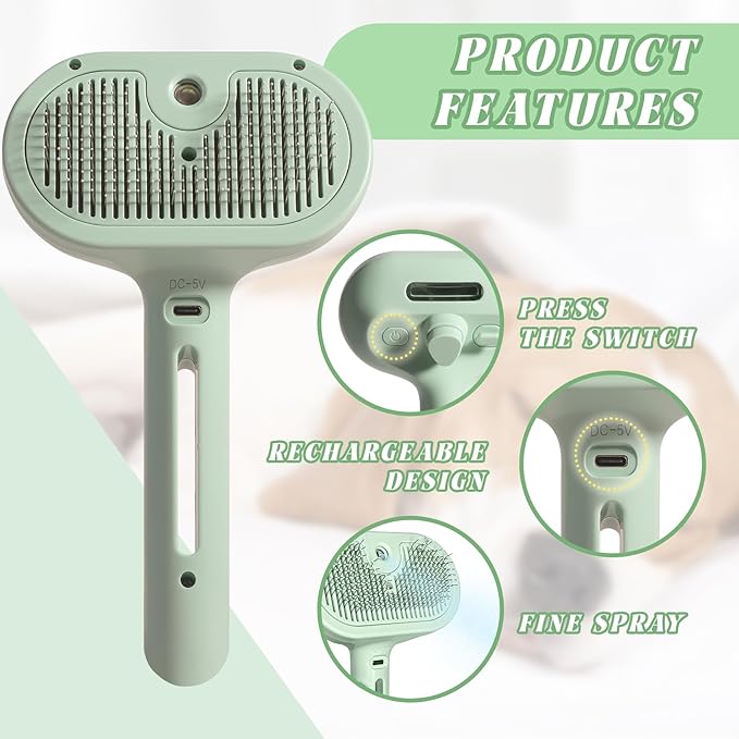 Self-Cleaning Spray Cat Brush for Shedding, Removes Static Flying Hair, and Works Wonders for Both Long and Short-Haired Pets 2 In 1 Cleaning Brush for Cats And Dogs Grooming (green)