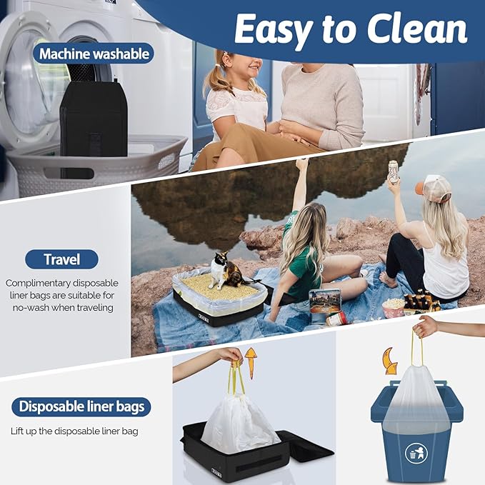 Petskd Portable Cat Travel Litter Box with Lid and 10 pcs Disposable Liner Bags, Leak-Proof and Collapsible, Cat Travel Essentials for Car Travel, Hotel, Airplane and Other Outdoor Use(Black)