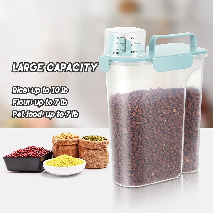 5-7Lbs Airtight Cat Dog Food Storage Container Portable with Upgraded Large Spout and Cup,Plastic Pet Dispenser for Small Animal Kibble,Bird Seed,Oatmeal,Rice,flour,brown sugart-Sky Blue