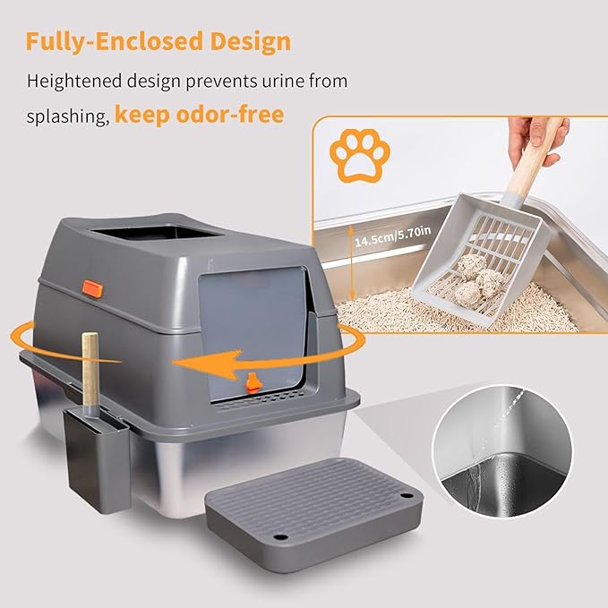 Stainless Steel Cat Litter Box: Extra Large Covered Metal Litter Box Non-Sticky and Anti-Urine Leakage - High Sided Enclosed Kitty Litterbox with Triple Pedal and Scoop for Jumbo Cats