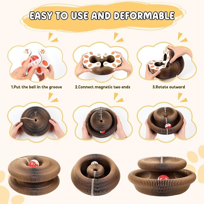 Kitty Toy, Magic Cat Scratching Board, Interactive Scratch Pad with a Ball, Cat Scratcher for Grinding Claw, Recyclable and Durable, Furniture Protector, Retractable, Brown, Reversible