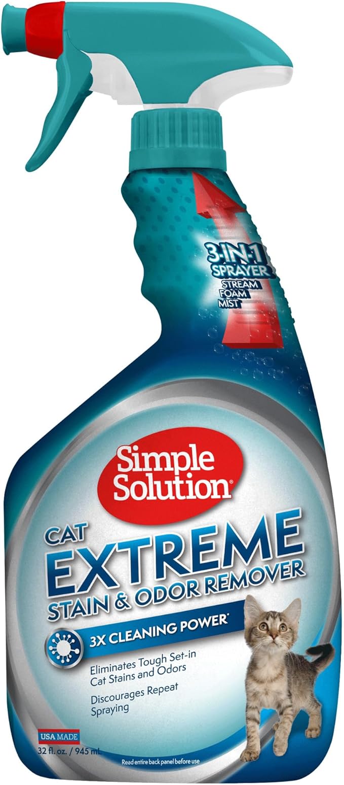 Simple Solution Cat Extreme Pet Stain and Odor Remover Spray - Enzymatic Cleaner with 3X Pro-Bacteria Cleaning Power, Cat-Formulated Strong Urine Pee Odor Destroyer - 32 Ounces