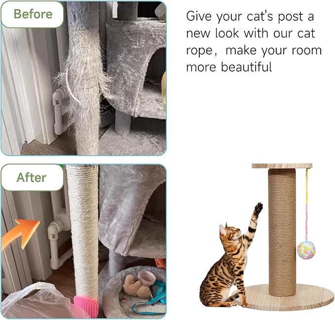 Multicolor Natural Hemp Rope, Cat Scratching Posts Replacement Rope,Repair and Replace Scratching Post cat Tree, 1/4" Rope Cat Scratch Post DIY Jute Twine,Come with a Play Ball.(164FT, White)