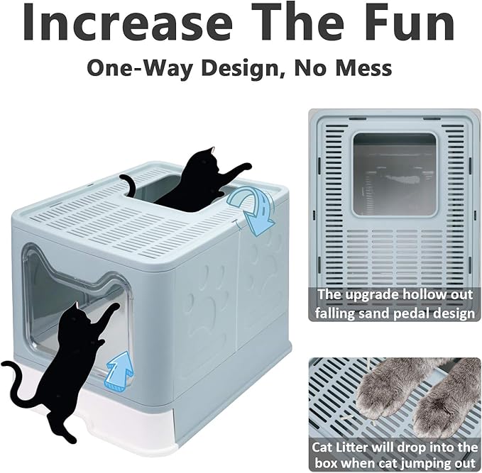 Foldable Cat Litter Box with Lid, Enclosed Cat Potty, Top Entry Anti-Splashing Cat Toilet, Easy to Clean Including Cat Litter Scoop and 2-1 Cleaning Brush (Blue) Large