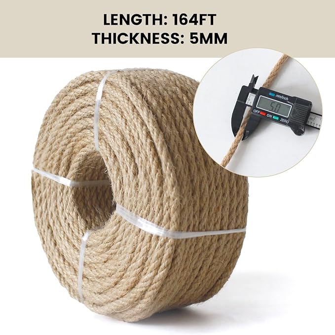 Nature Jute Twine, 5mm 164 Feet Jute Rope for Cat Scratching Post DIY Arts Crafts Gardening Bundling Home Decor