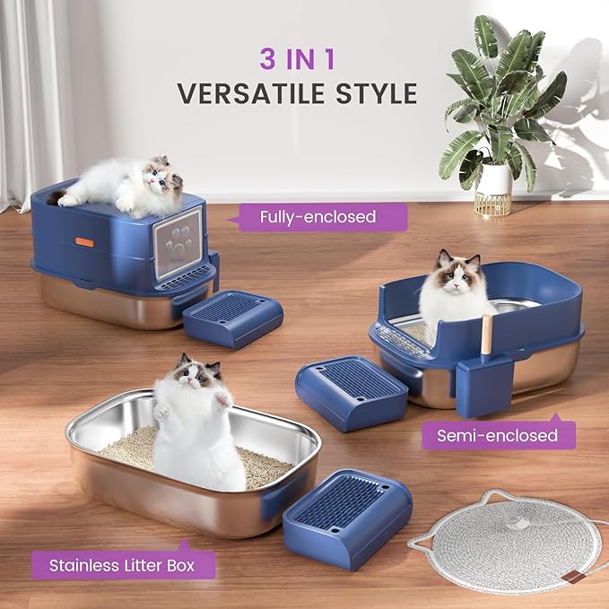 Stainless Steel Cat Litter Box with Lid - 3 in 1 Enclosed Cat Litter Box XL Extra Large Odor Control Covered Metal Litter Pan for Big Multiple Cats Includes Step, Scoop, Cat Scratcher Mat