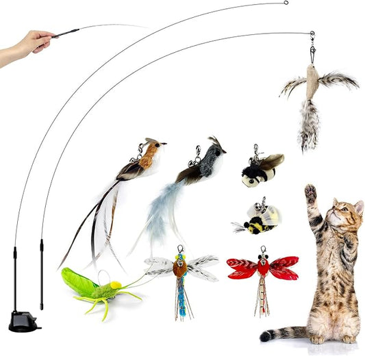 Cat Feather Toys with 1 Suction Cup,2 Cat Wands,8Pcs Birds and Insects Simulation Feather Refills with Bells, Interactive Toys for Indoor Cats and Kitten.