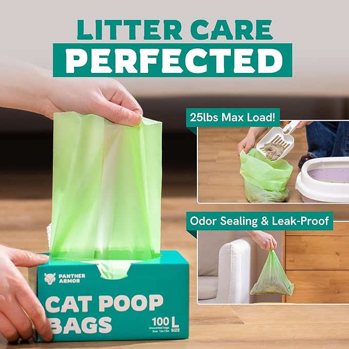 Panther Armor Litter Bags - 200x Unscented Cat Poop Bags 16x12in Super Large Cat Litter Bags - Kitty Litter Bags Leak Proof Litter Box Trash Bags, Odor Proof Cat Litter Disposal Bags