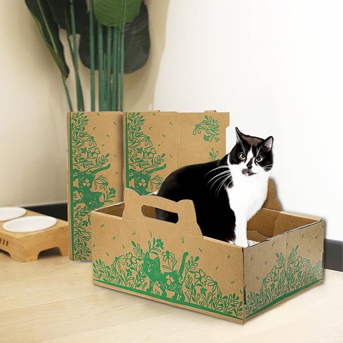 WUWEOT 8 Pack Disposable Cat Litter Boxes, Leakproof Double Layer Cardboard Cat Litter Pan, Foldable Portable Small Pet Liner Tray with Scoop for Travel, 15.8 x 11.7 x 5.8 Inch