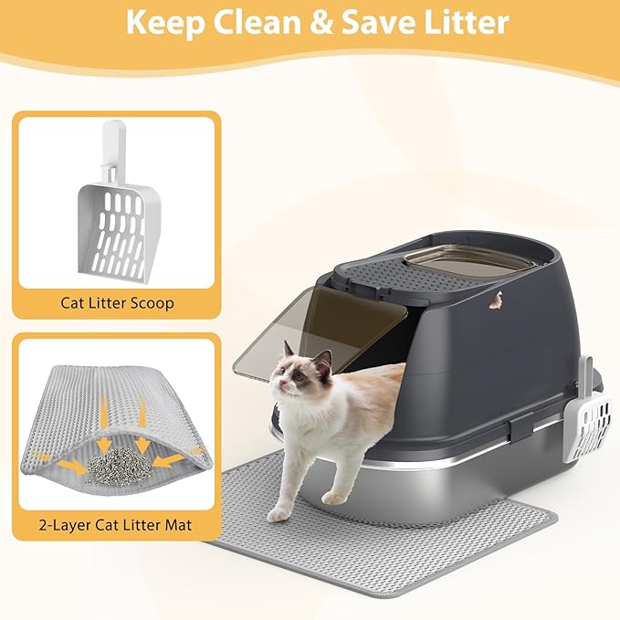 Stainless Steel Litter Box with Lid,Large Enclosed Cat Litter Box, Covered Metal Litter Tray for Easy Cleaning & Odor Control, Includes Scoop and Litter Mat, Hooded Cat Litter Pan for Kitten (Gray)