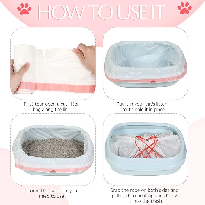 Sabary 80 Count Cat Litter Box Liners Jumbo Kitty Pan Bags with Drawstring Sturdy Hdpe Material for Cat Pet Waste Litter Box Tray, Pink, 36 x 18 Inch