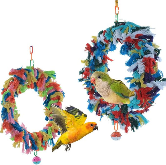 2Pcs Bird Swing,Bird Swing Toy,Bird Colorful Cotton Rope Hanging Ring Parrot Preening Grooming Chew Climb Biting Toy ,Large Bird Toys