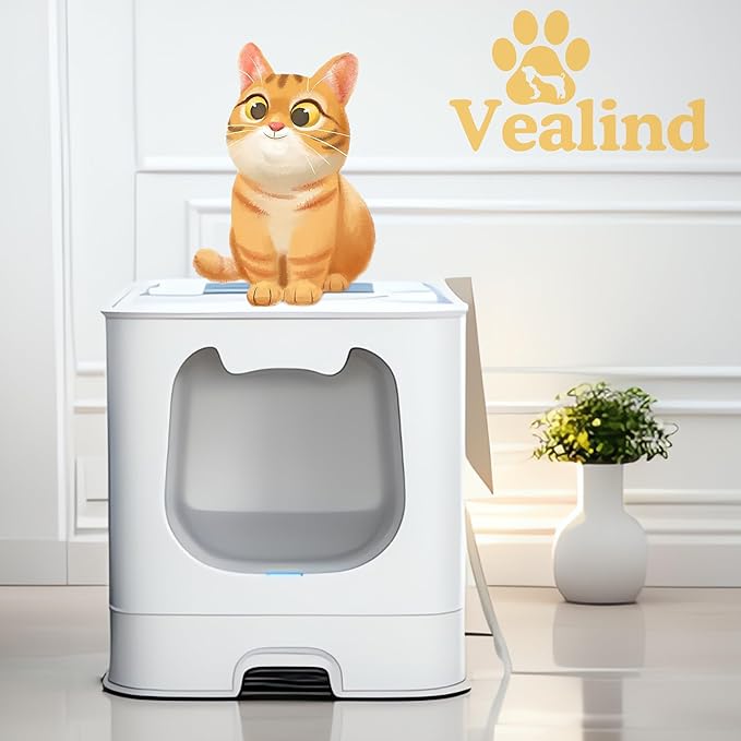 Vealind Covered Cat Litter Box with Sifting Lid, Kitty Litter Box Enclosure, Top Entry Enclosed Litter Box with Litter Scooper and Brush, Easy Clean Hooded Travel Litter Box for Cats, Beige Litter Box