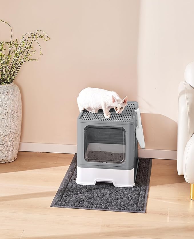 Cat Litter Box with X-Large Litter Mat and Scoop, Large Foldable Litter Box with Lid, Front Top Entry Exit Kitty Litter Box, Odor Control Easy Clean (Upgrade Dark Grey)