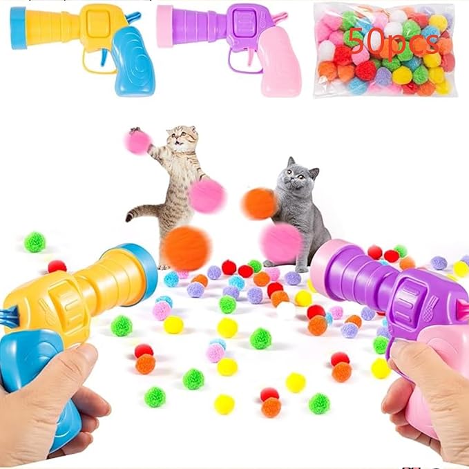Cat Ball Launcher Toy, 50PCS 1.2Inch Cat Pompom Ball and 2 Cat Ball Toy Launcher, Soft Interactive Cat Balls, Active Cat Exercise Toys for Indoor Cats-Multi-Colored