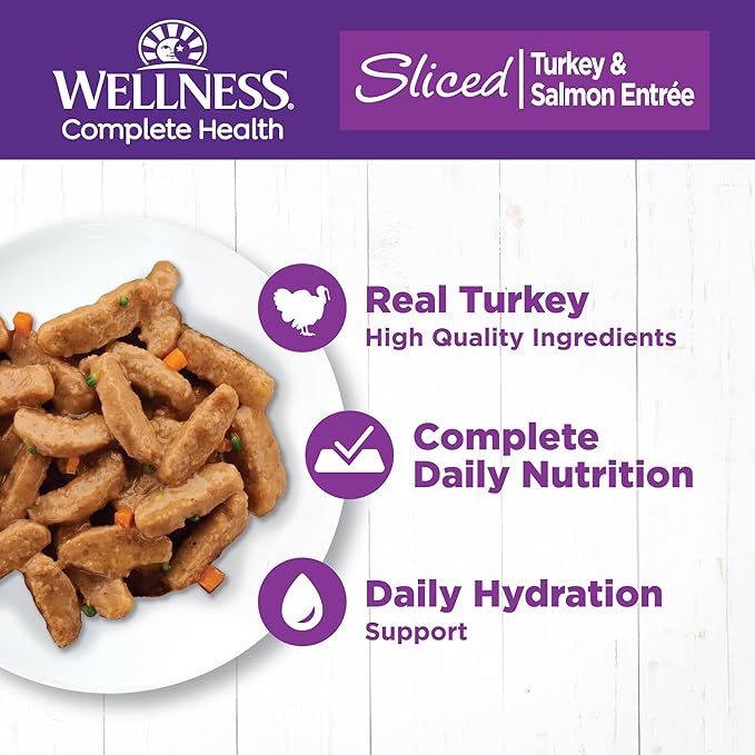 Wellness Complete Health Natural Grain Free Wet Canned Cat Food, Sliced Turkey & Salmon Entree, 5.5-Ounce Can (Pack of 24)
