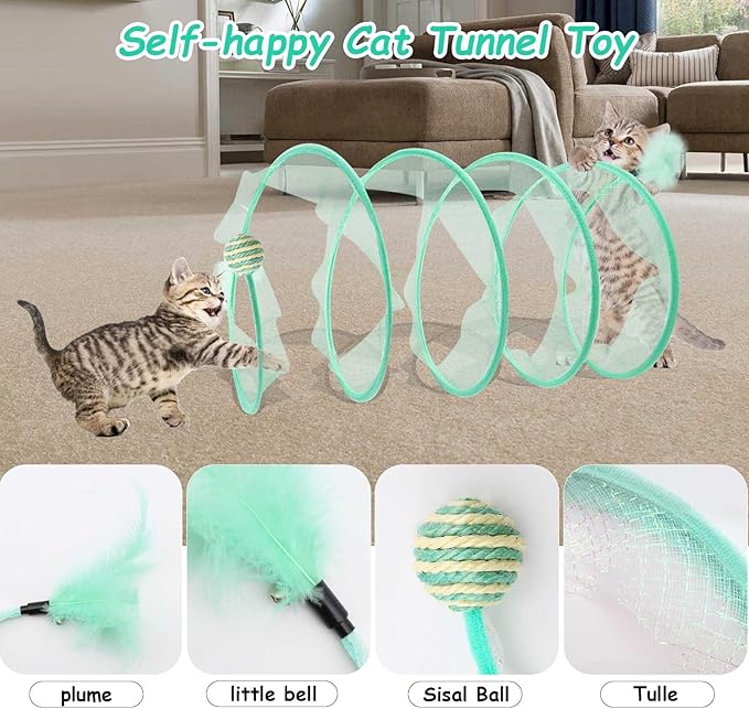 Cat Tunnel, 1PCS Folded Cat Tunnel Toy, Cyan Sisal Hemp Ball Tube Cat Springs for Indoor with Feather, Mouse Toys Interactive Cat Toy Tunnel Self-Happy Cat Toys, S-Type Collapsible Tent