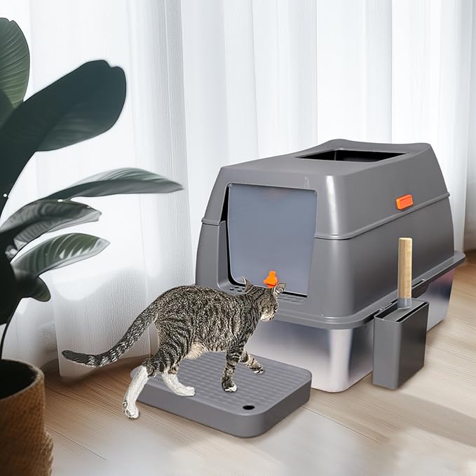 Stainless Steel Cat Litter Box: Extra Large Covered Metal Litter Box Non-Sticky and Anti-Urine Leakage - High Sided Enclosed Kitty Litterbox with Triple Pedal and Scoop for Jumbo Cats