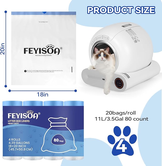 Compatible Self-Cleaning Litter Box Liners - 80 Pack, 18x20 Inches, 4 Gallon Bags, 2 Mil Thickness, Easy Installation, Durable for Automatic Litter Box Drawers