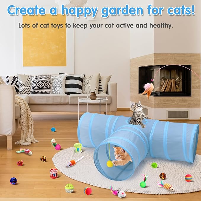 Wettarn 22 Pieces Cat Toys Set, with 2 Collapsible Cat Tunnels for Indoor Cats and 20 Kitten Toys Cat Tubes and Tunnels Interactive Cat Feather Toy Mouse Crinkle Balls for Cats Puppies (Gray)