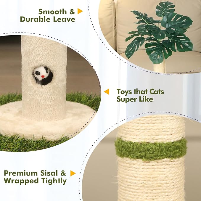Cat Scratching Posts Cat Trees 35.43" Tall with Sisal Rope Cat Toy and Hanging Ball for Indoor,Wooden Palm Tree Cat Scratch Pole for All Cat(White