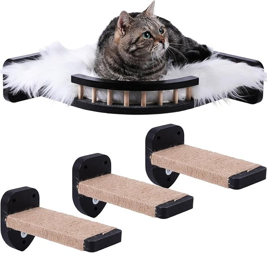 Cat Wall Shelves, Corner Cat Shelf with 3 Cat Wall Steps, Cat Shelves for Wall Large Cats Set, Cat Wall Bed with Plush Covered, Wall Mounted Cat Climbing Shelf for Indoor Cats (Black)