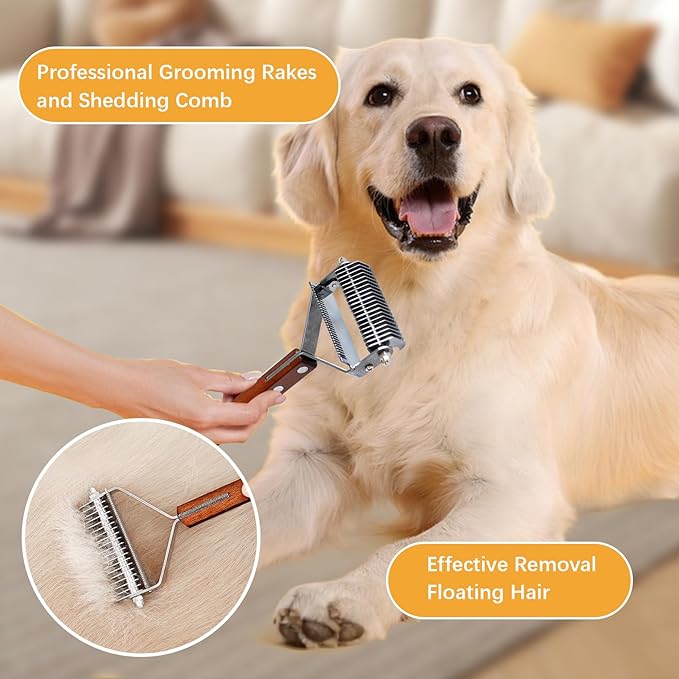 Pet Undercoat Rake for Long Haired Dogs Cats,2 in 1 Cat Safe Dematting Comb and Deshedding Brush Dog Grooming Tools with Wooden Handle Efficiently Remove Mats, Tangles, Loose Hair