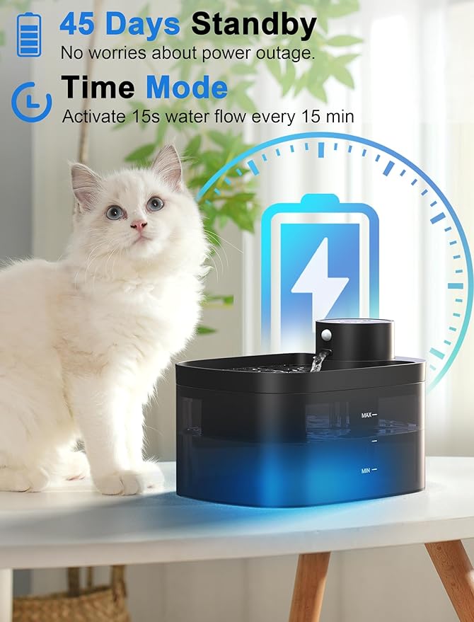 Battery Operated Cat Water Fountain, 84OZ/2.5L Wireless Pet Water Fountain for Cats Indoor, Cat Fountain with Motion Sensor, Ultra Quiet Pump, Black (Black+4Filters+4Sponges)