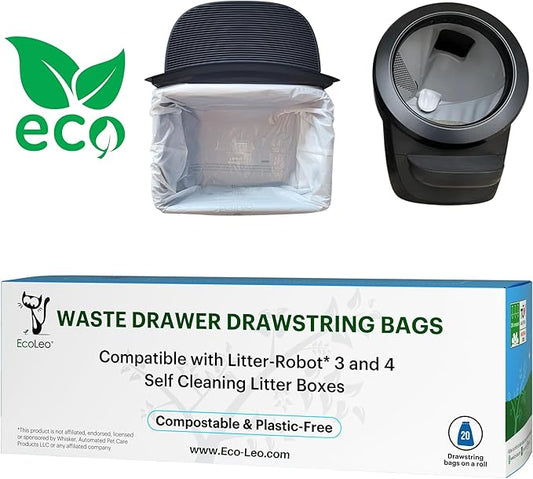 EcoLeo, Compatible with Litter-Robot 4 & 3, Compostable, Eco-friendly Waste Bags with Drawstrings, Thick, for Automatic Litter Box Waste Drawers (20-Count)