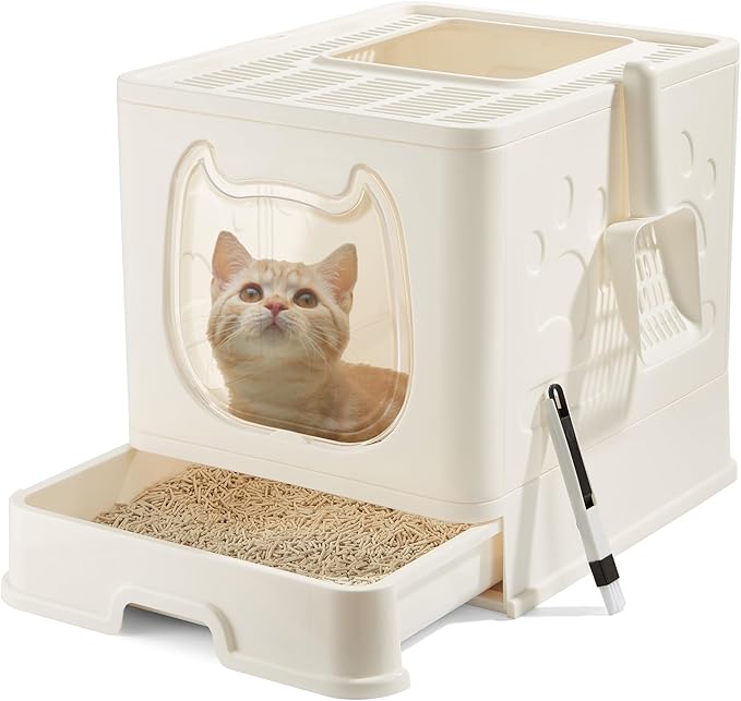 Vealind Covered Cat Litter Box with Sifting Lid, Kitty Litter Box Enclosure, Top Entry Enclosed Litter Box with Litter Scooper and Brush, Easy Clean Hooded Travel Litter Box for Cats, Beige Litter Box