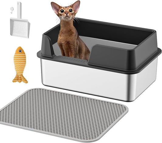 Stainless Steel Cat Litter Box with Lid,19.7”L x 13.8”W x 9.9”H Deep,Metal Litter Box with high Sides,with Litter Mat,Litter Scoop and Cat Toys,Non-Sticky,Anti-Leakage,No Smell,Easy Cleaning