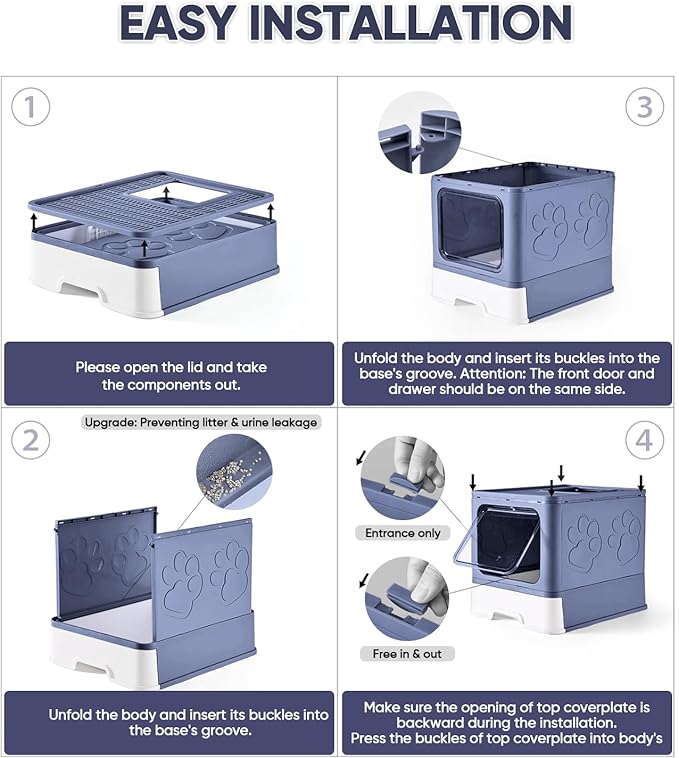 Cat Litter Box with X-Large Litter Mat and Scoop, Large Foldable Litter Box with Lid, Front Top Entry Exit Kitty Litter Box, Odor Control Easy Clean (Upgrade Midnight)
