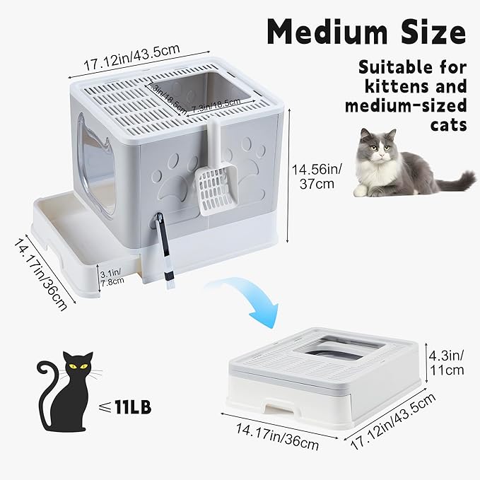 Gefryco Cat Litter Box with Lid, Top Entry Litter Box with Controlled Access, Covered Enclosed Cat Potty Odor Control, Kitten Litter Box for Small to Medium Cats, Scoop and Clean Brush Included(Grey)