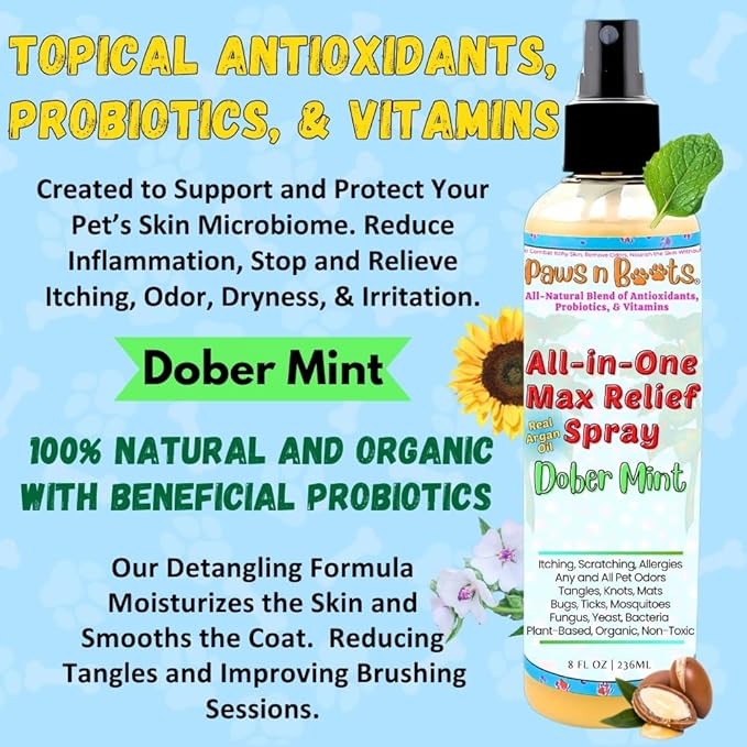 Dry Shampoo - All-in-One Max Relief Spray – Probiotic Antioxidant Rich Itch Relief, Remove Pet Odor, Repel, Clean, Condition. Pet Safe, USA Made. Non-Toxic, All-Natural Plant-Based Formula. Mint