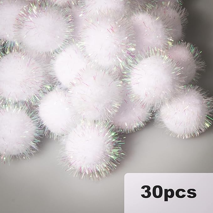 VAPKER 30 Pcs Cat Ball Toys Sparkle Balls Extra Large 2 Inch Cat's Favorite Chase Glitter Ball Glitter Tinsel Pom Poms Balls White Color