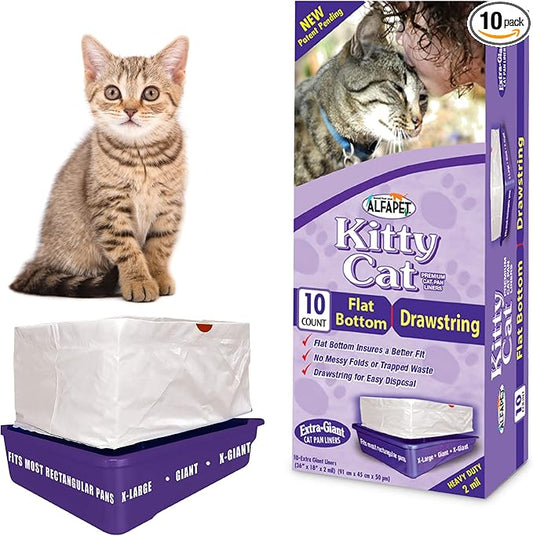 Alfapet Litter Box Liner Flat Bottom Pack of 10 - Super Heavy Duty Kitty cat Litter Bags with Drawstring for Poop and Liquid Waste - Jumbo Design for Extra Large Cat Pans