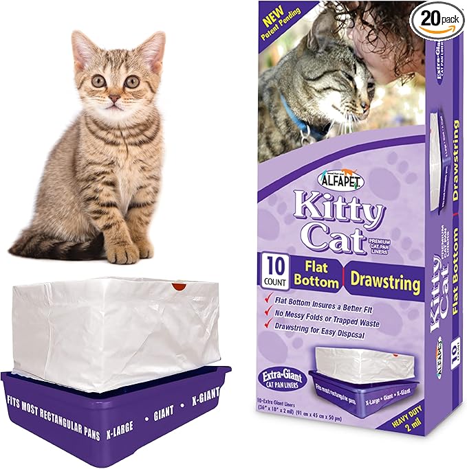 Alfapet Flat Bottom Cat Litter Box Liners, Pack of 20 - Super Heavy Duty Kitty Litter Bags with Drawstring for Poop and Liquid Waste - Jumbo Design for Extra Large Cat Pans