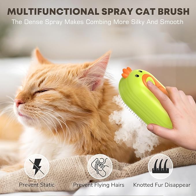 Cat Steam Brush, 3 In 1 Self-Cleaning Steam Cat Brush for Shedding with Release Button, Cat Deshedding Hair Brush with Steam for Long & Short Haired Cats and Dogs, Removes Tangled and Loose Hair