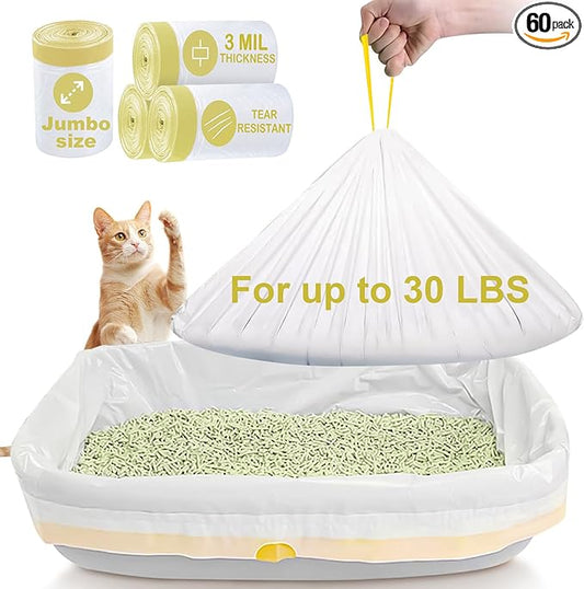 ELEGX 60 Count Litter Box Liners,HDPE Material 3MIL Extra Thick Heavy Duty 46" x 18" Jumbo Drawstring Cat String Liners,Compatible with Nature's Miracle/Petmate/Van Ness/IRIS,Tear & Leak Resistant